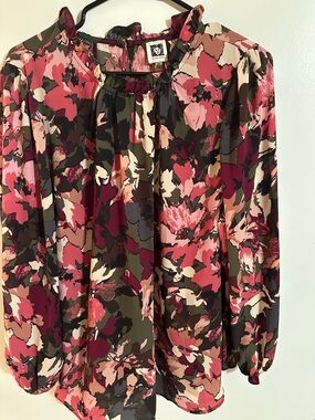 Ann Klein Plus Size 2X Floral Peasant Blouse in Pink & Olive Tones
